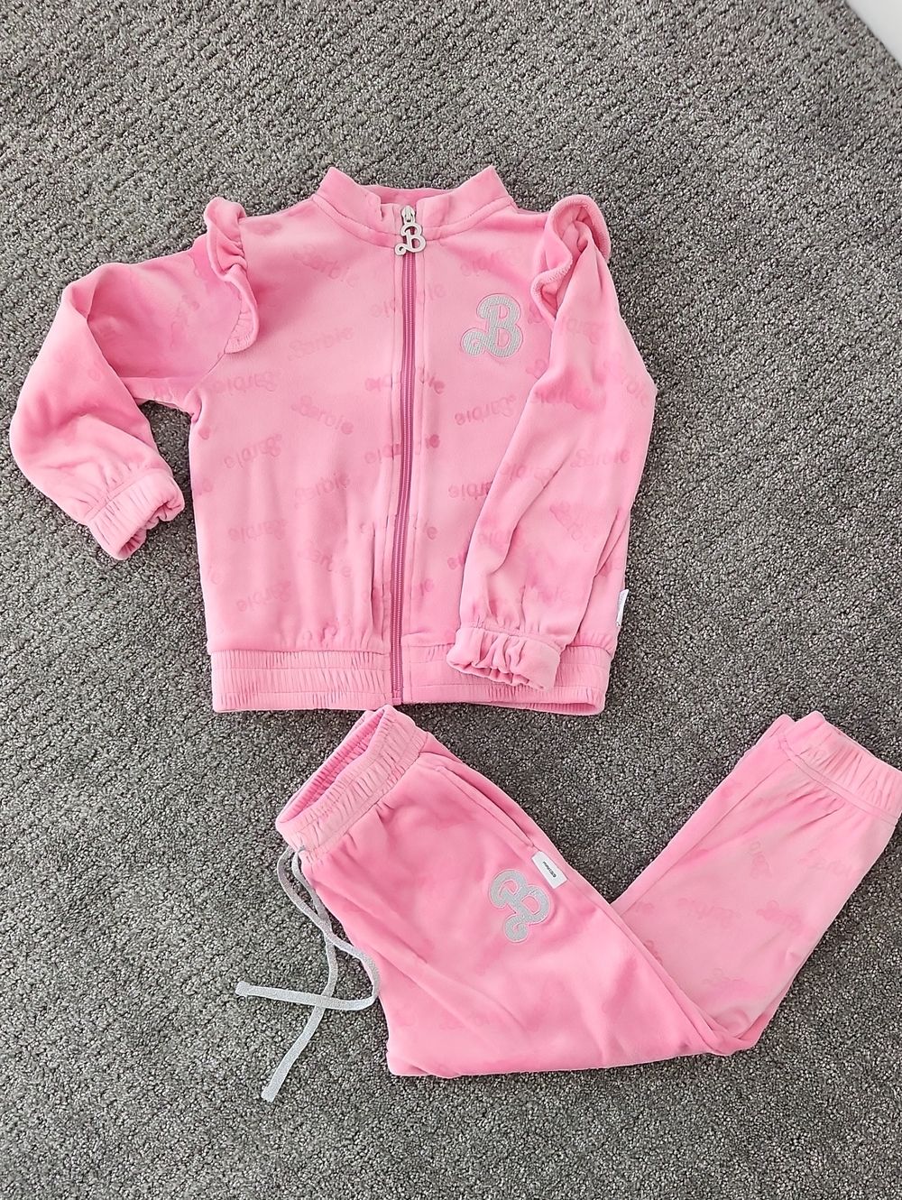 Barbie Girls Pink Ruffle-Sleeve Zip Jacket & Joggers Set Size 5